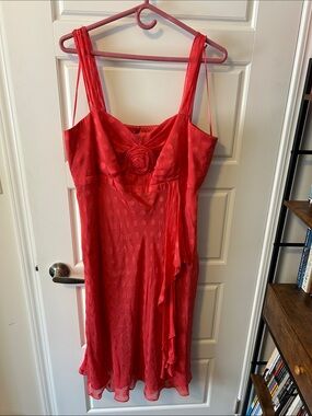 Jacques Vert 100% Silk Empire Waist Dress in “Geranium” Coral Dot Print